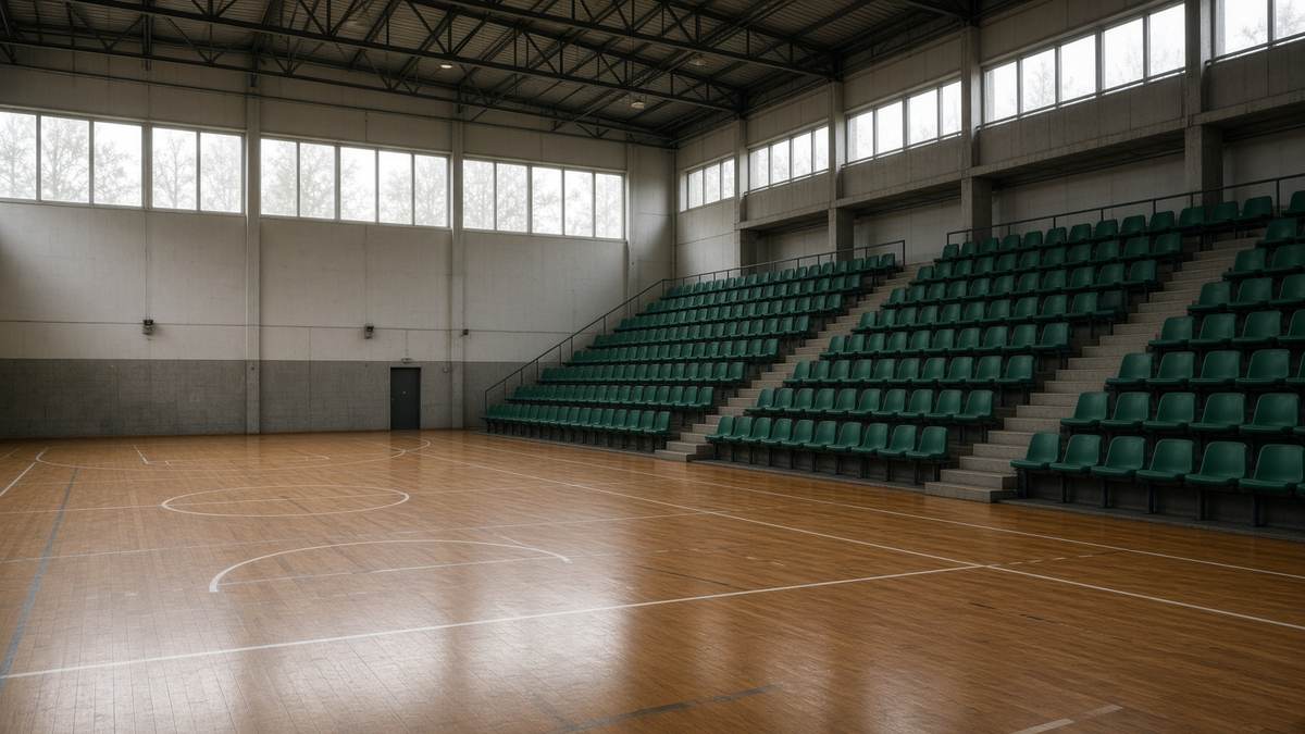 Leere Sporthalle mit Holzboden und grünen Zuschauerrängen